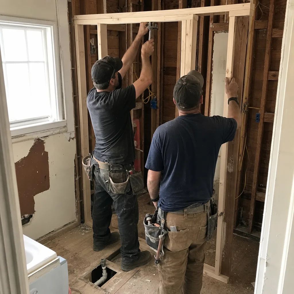 Contractors installing wood wall framing during a bathroom remodeling project