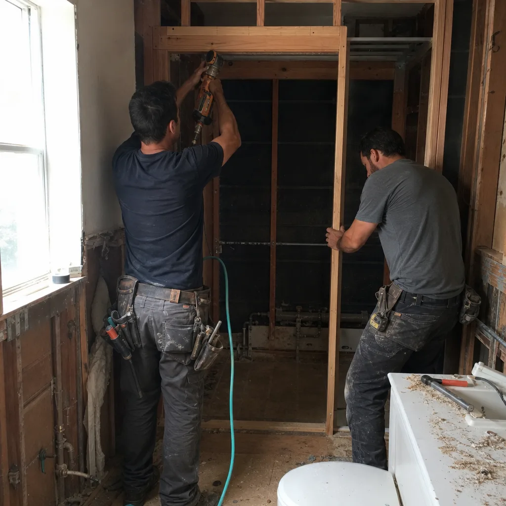 Two contractors performing professional bathroom wall framing and remodeling work
