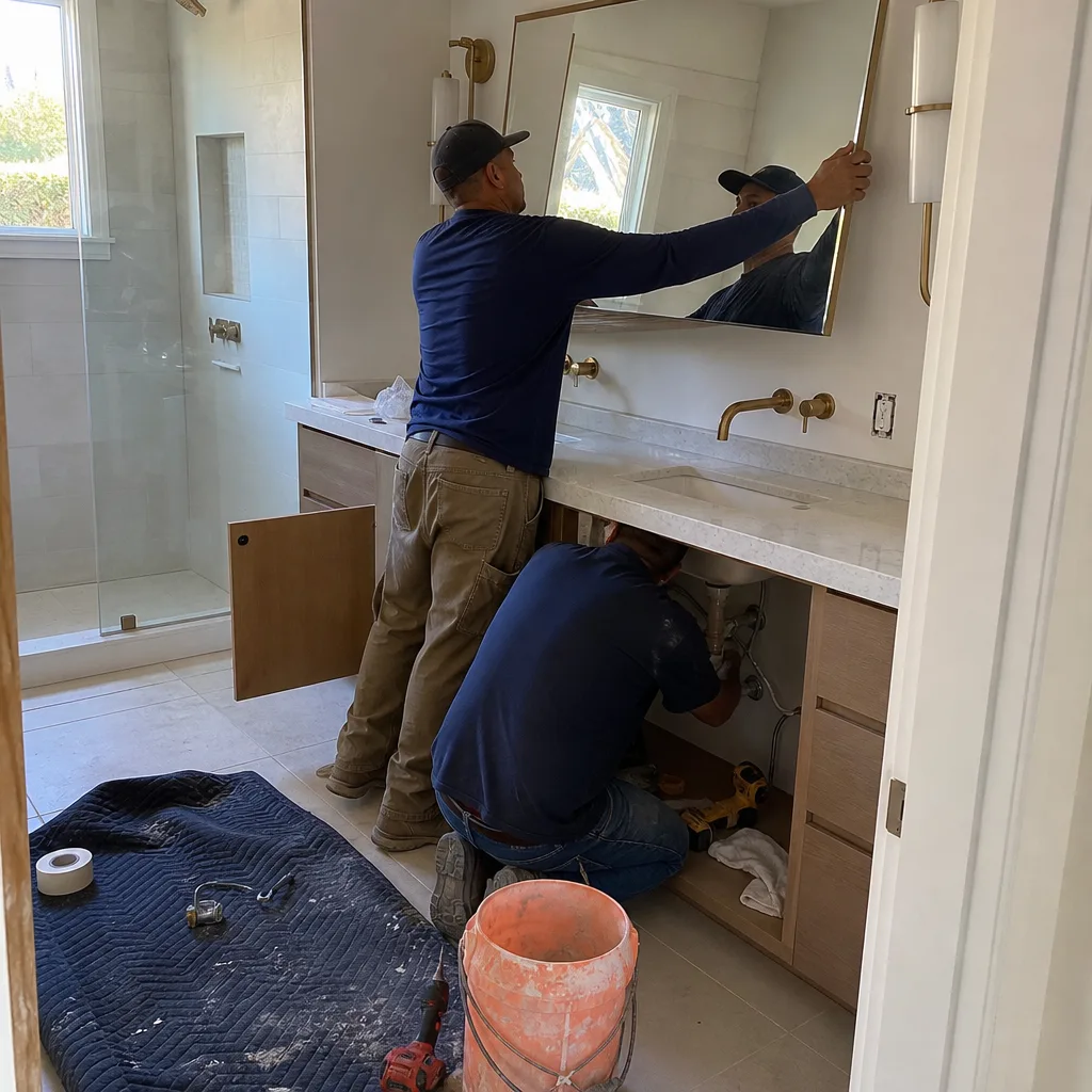 Contractors performing professional bathroom remodeling and vanity installation