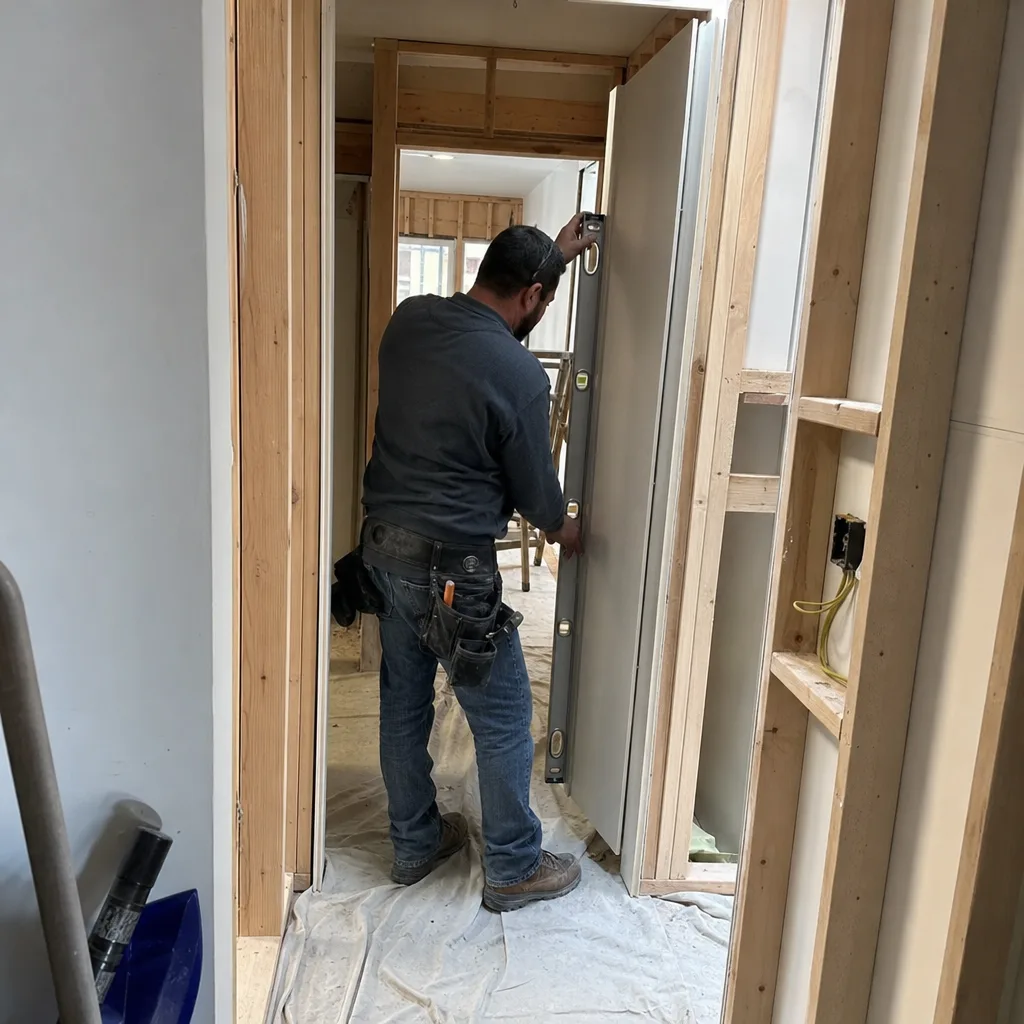 Contractor using a level to install a door frame during home remodeling nationwide