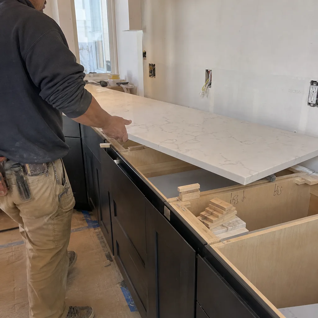Contractor installing a stone countertop onto new kitchen cabinets