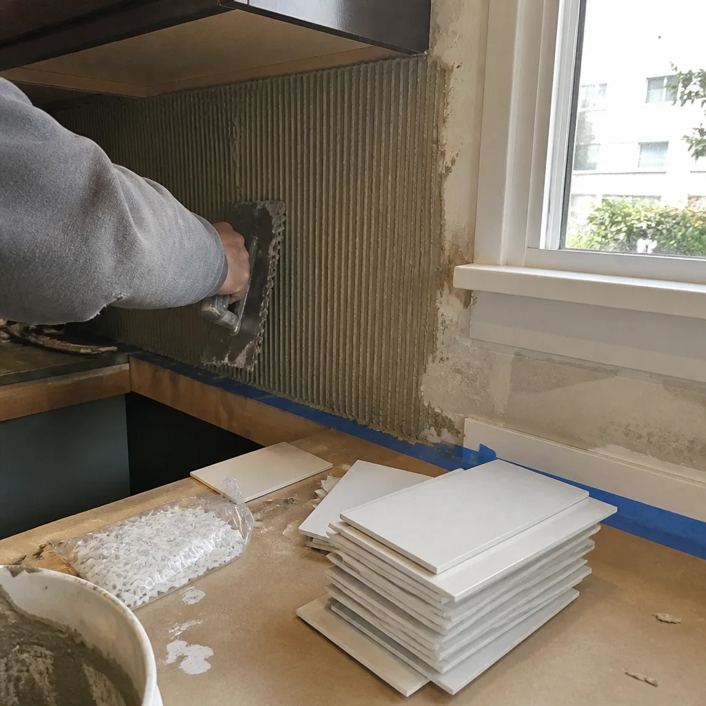 professional contractor applying thin-set mortar for kitchen backsplash tile installation