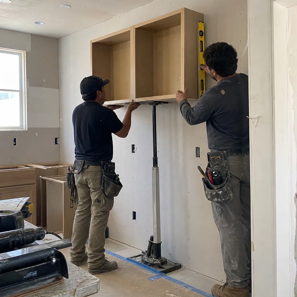 Two contractors installing custom kitchen cabinets with a support jack and level