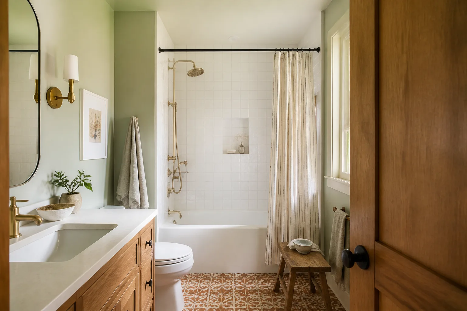 A remodeled hall bathroom with patterned floor tile and painted walls