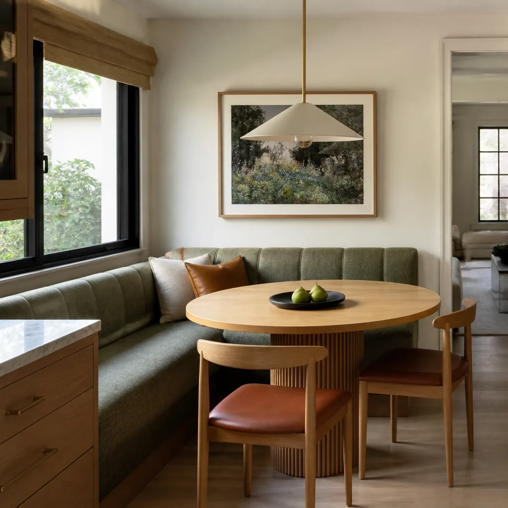 A dining nook with a built-in banquette