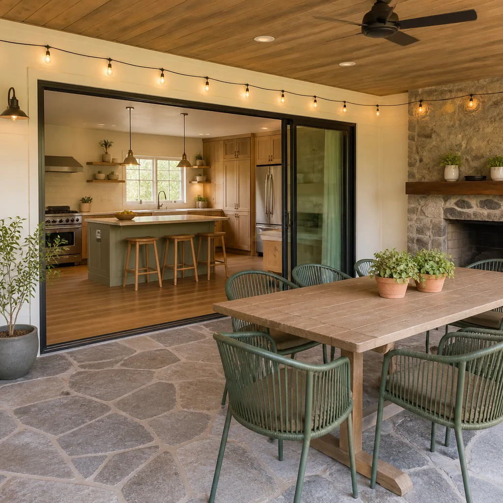 A covered patio opening from a remodeled kitchen