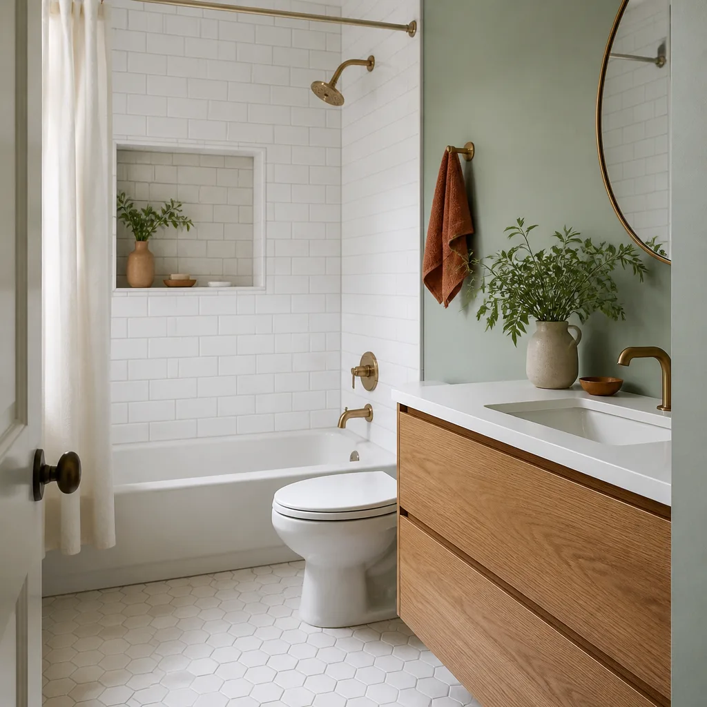 A remodeled hall bathroom with subway tile and a floating vanity